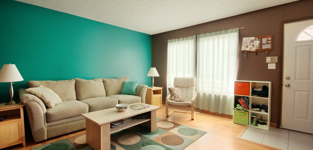 brown and teal living room color style