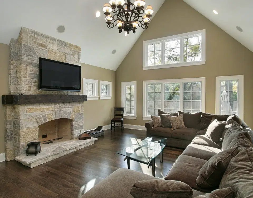 Family room with stone fireplace