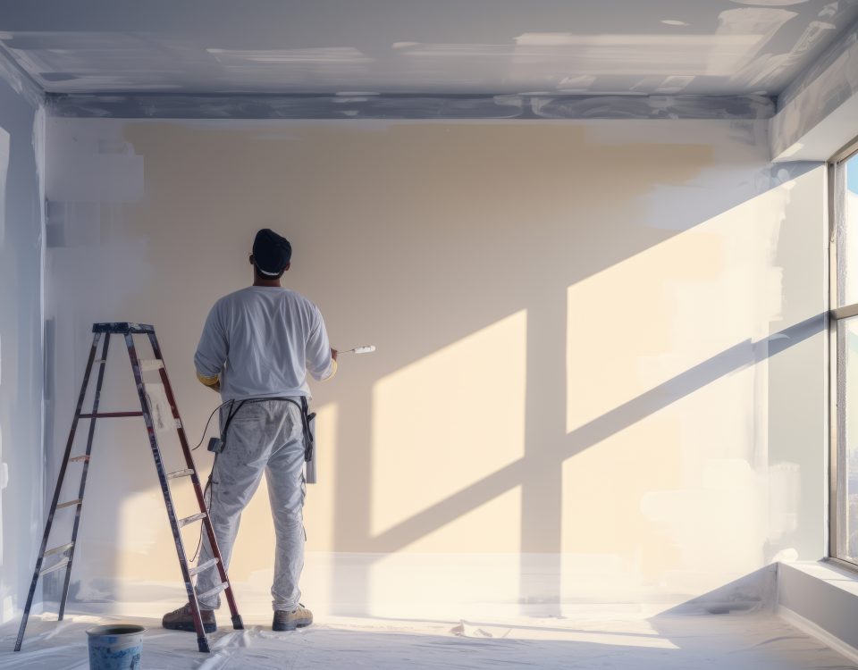 painter male worker paints a wall with a paint roller Repainting the walls inside the house